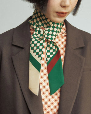 "Checkerboard" Silk Twill Skinny Scarf - Green