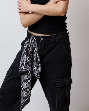 "Houndstooth Moderne" Silk Bandana Scarf - Grey