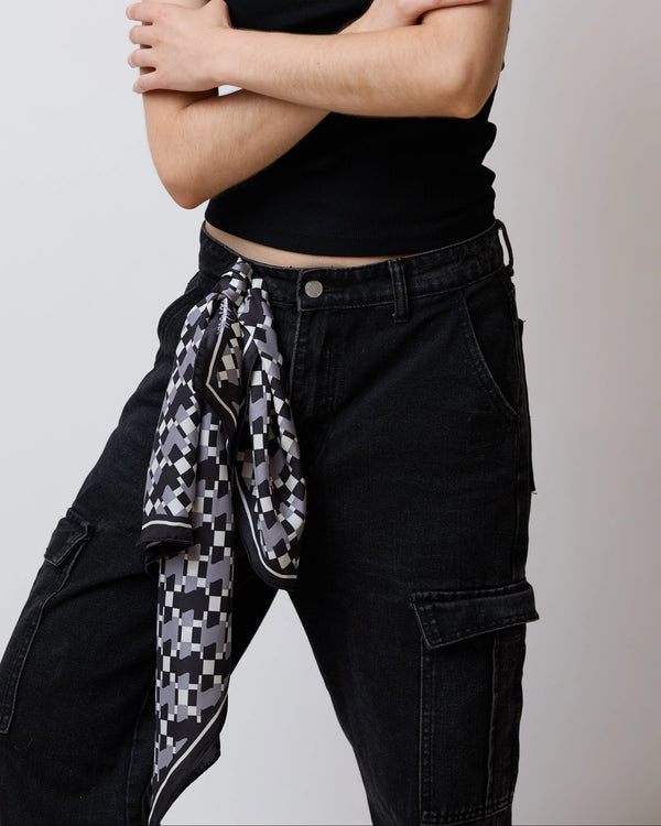 "Houndstooth Moderne" Silk Bandana Scarf - Grey