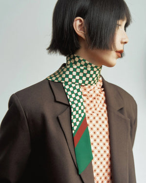 "Checkerboard" Silk Twill Skinny Scarf - Green