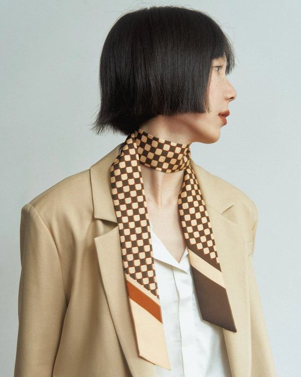 "Checkerboard" Silk Twill Skinny Scarf - Coffee