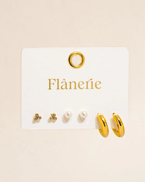 Set of Three: Hoop, Stud, and Pearl Earrings