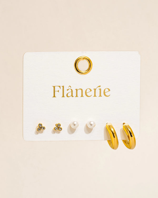 Set of Three: Hoop, Stud, and Pearl Earrings