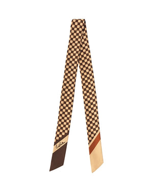 "Checkerboard" Silk Twill Skinny Scarf - Coffee