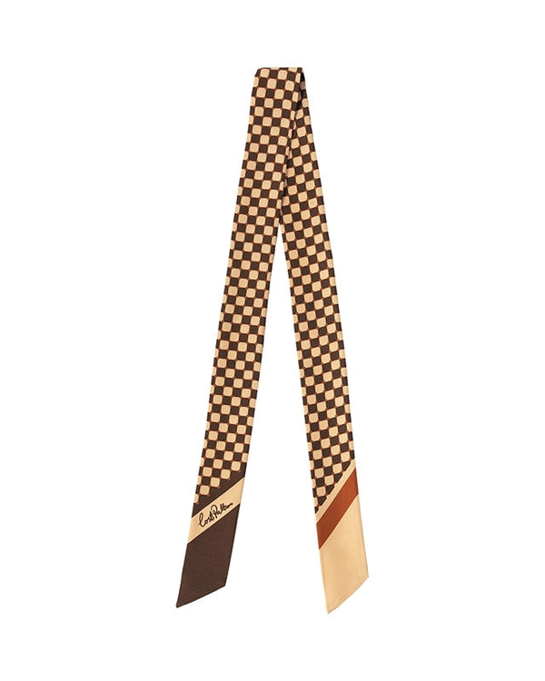 "Checkerboard" Silk Twill Skinny Scarf - Coffee