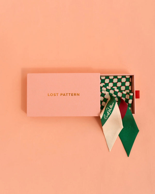 "Checkerboard" Silk Twill Skinny Scarf - Green