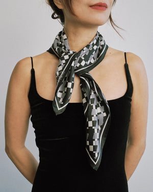 "Houndstooth Moderne" Silk Bandana Scarf - Grey