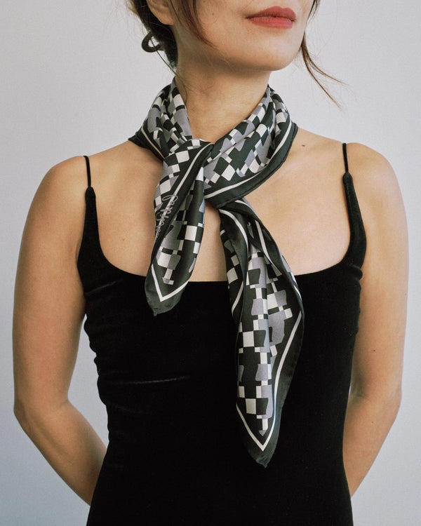 "Houndstooth Moderne" Silk Bandana Scarf - Grey
