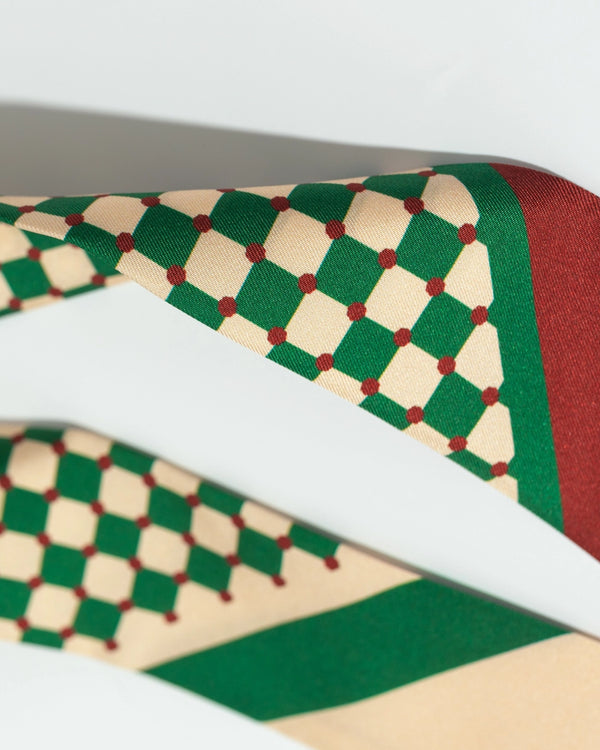 "Checkerboard" Silk Twill Skinny Scarf - Green