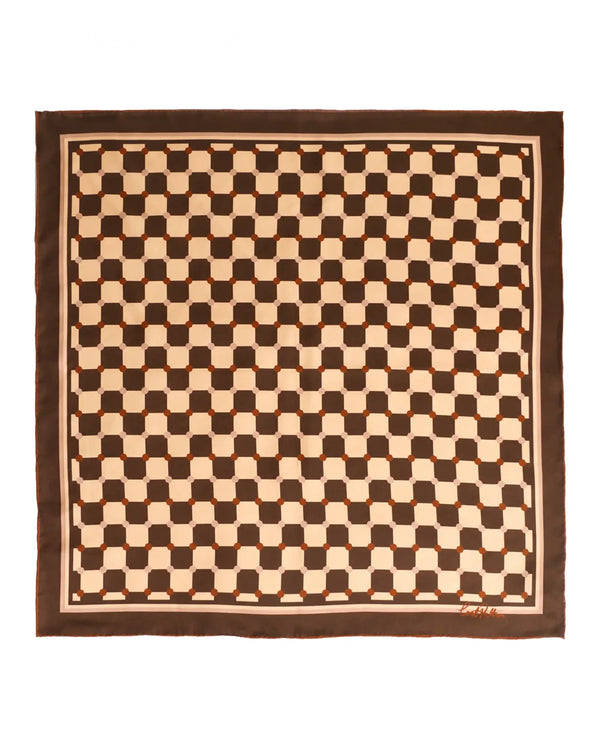 "Checkerboard" Silk Bandana Scarf - Coffee