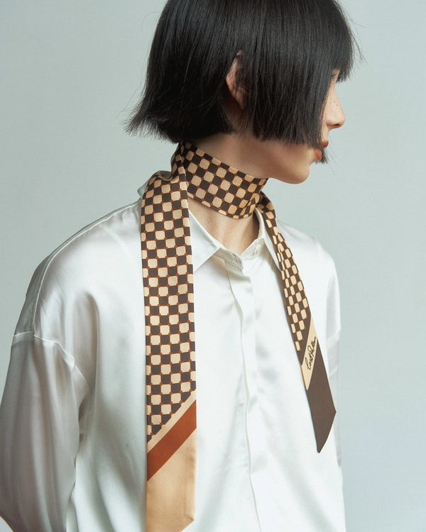 "Checkerboard" Silk Twill Skinny Scarf - Coffee