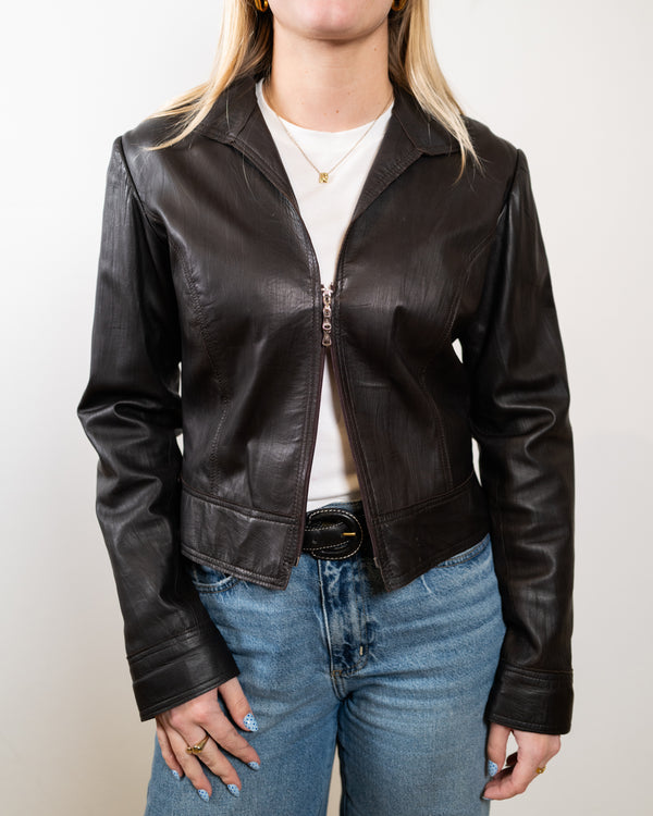 Vintage Brown Leather Jacket - 2-Way Zip