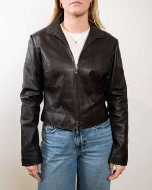 Vintage Brown Leather Jacket - 2-Way Zip