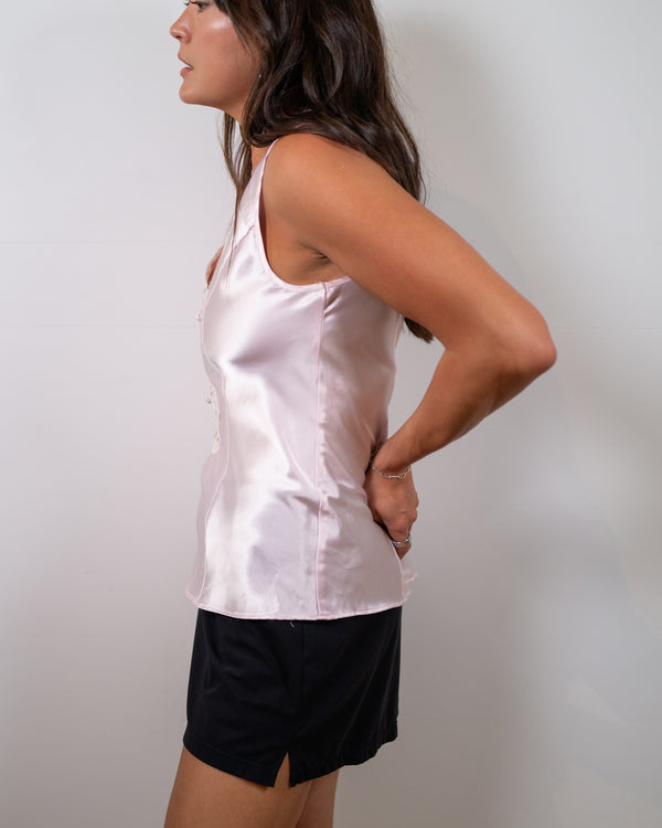Vintage Pink Satin Lace Sleeveless Top