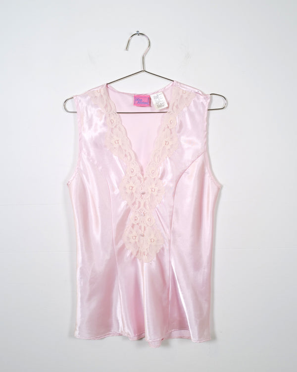 Vintage Pink Satin Lace Sleeveless Top