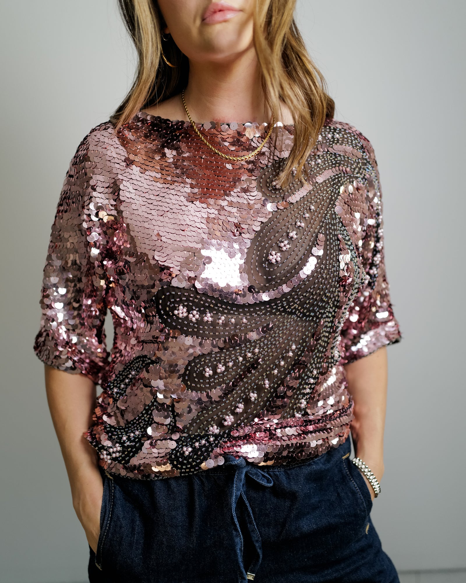 Oleg Cassini Vintage Women's Small Medium Iridescent Sequin Paillette Silk hotsell Top