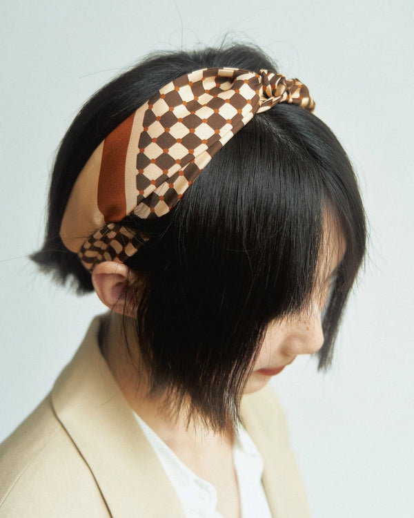 "Checkerboard" Silk Twill Skinny Scarf - Coffee