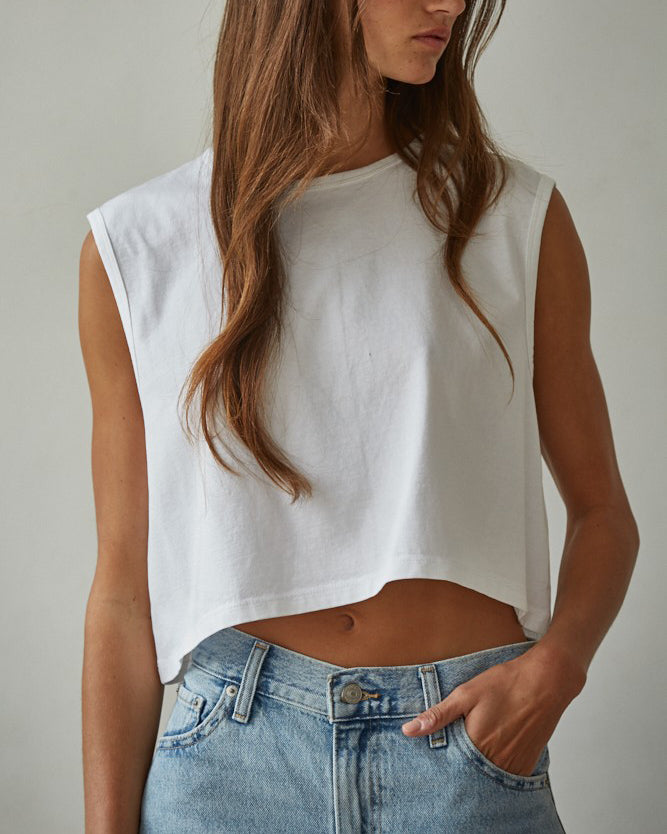 Knit Cotton Crew Neck Sleeveless Crop Top