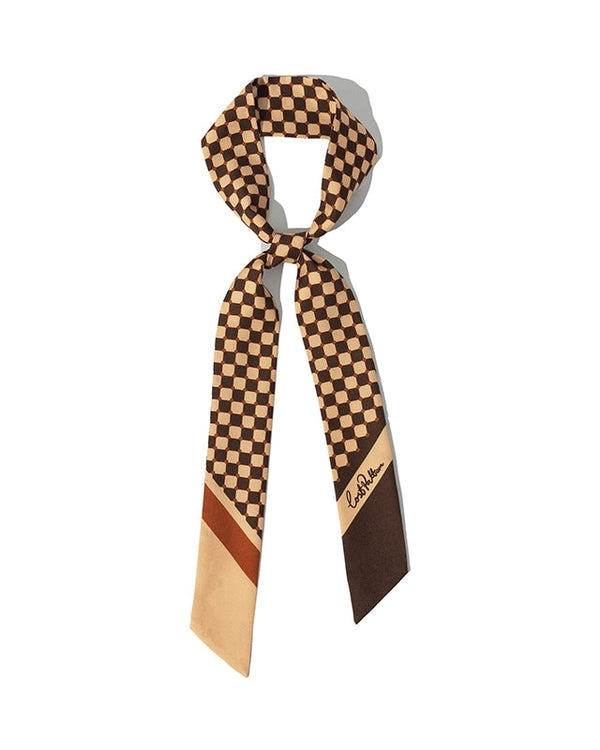 "Checkerboard" Silk Twill Skinny Scarf - Coffee