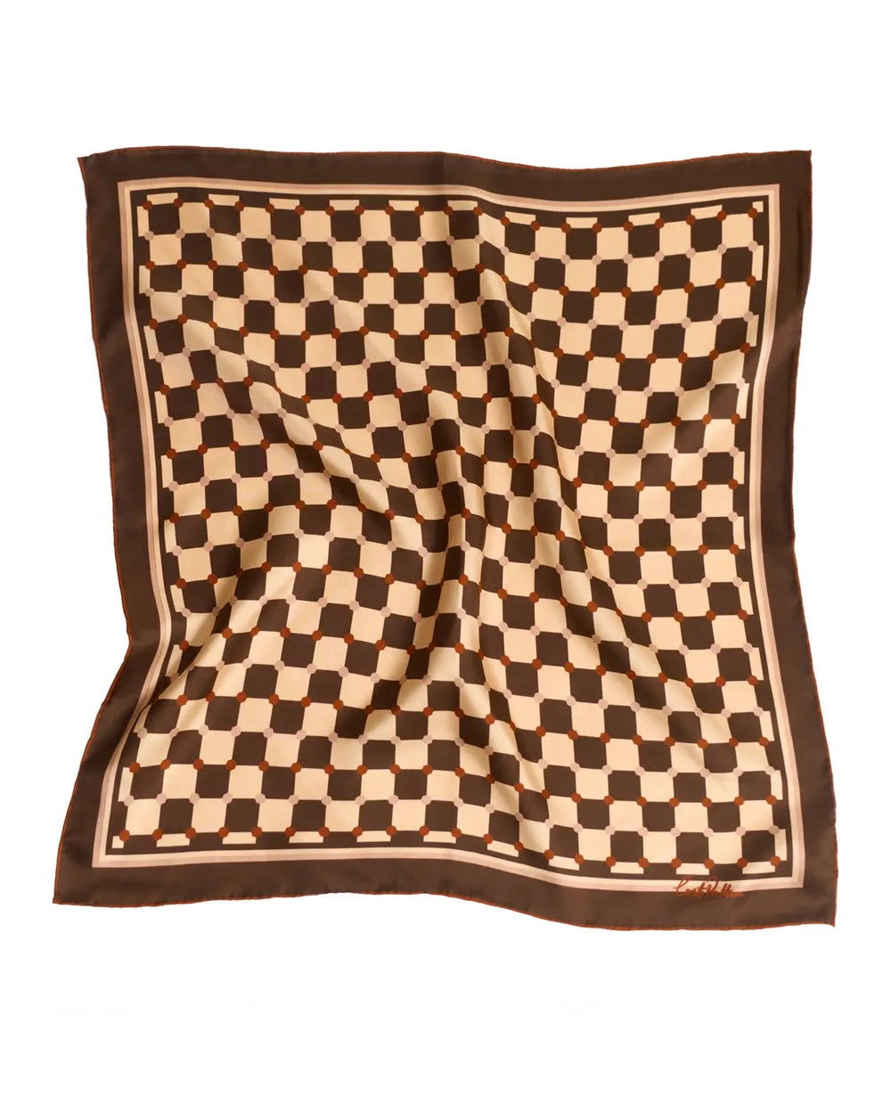 "Checkerboard" Silk Bandana Scarf - Coffee
