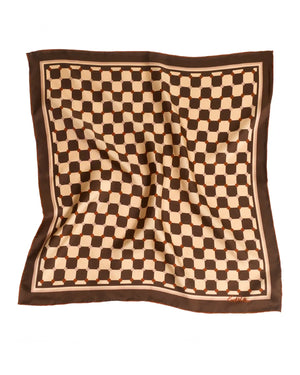 "Checkerboard" Silk Bandana Scarf - Coffee