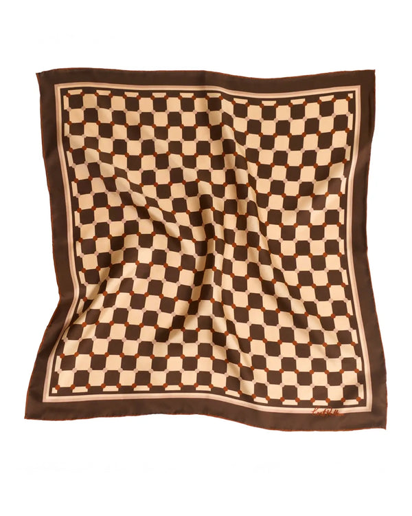"Checkerboard" Silk Bandana Scarf - Coffee