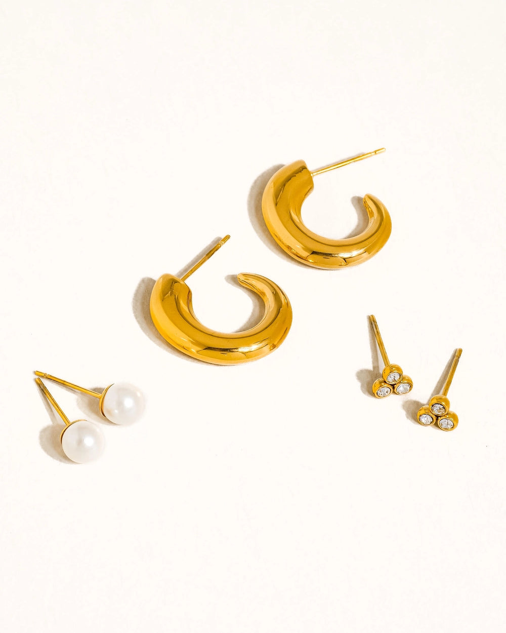 Set of Three: Hoop, Stud, and Pearl Earrings