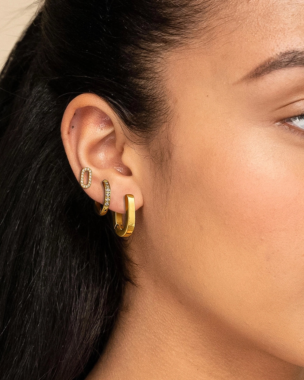 Set of Three Earrings: Hoops and Oval Stud