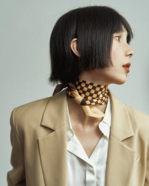 "Checkerboard" Silk Twill Skinny Scarf - Coffee