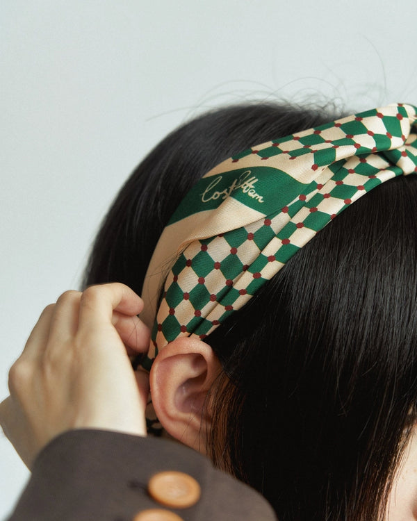 "Checkerboard" Silk Twill Skinny Scarf - Green