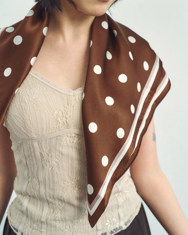 "Retro Polka" Silk Bandana Scarf - Cafe Au Lait