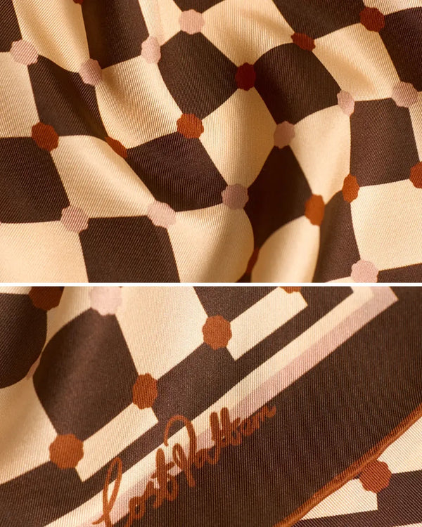 "Checkerboard" Silk Bandana Scarf - Coffee
