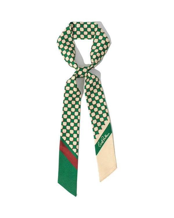 "Checkerboard" Silk Twill Skinny Scarf - Green