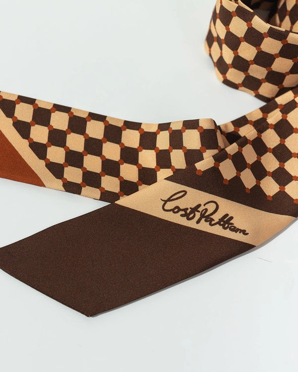 "Checkerboard" Silk Twill Skinny Scarf - Coffee