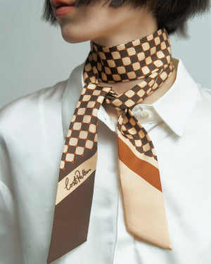 "Checkerboard" Silk Twill Skinny Scarf - Coffee