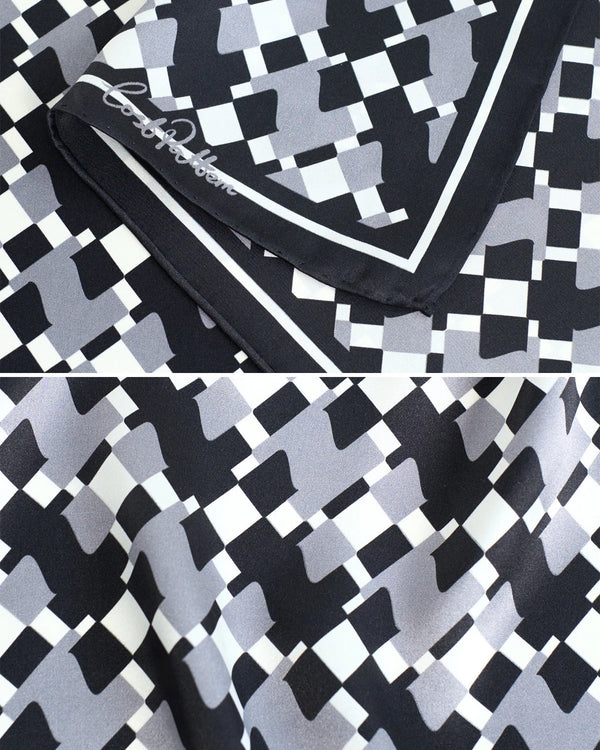"Houndstooth Moderne" Silk Bandana Scarf - Grey